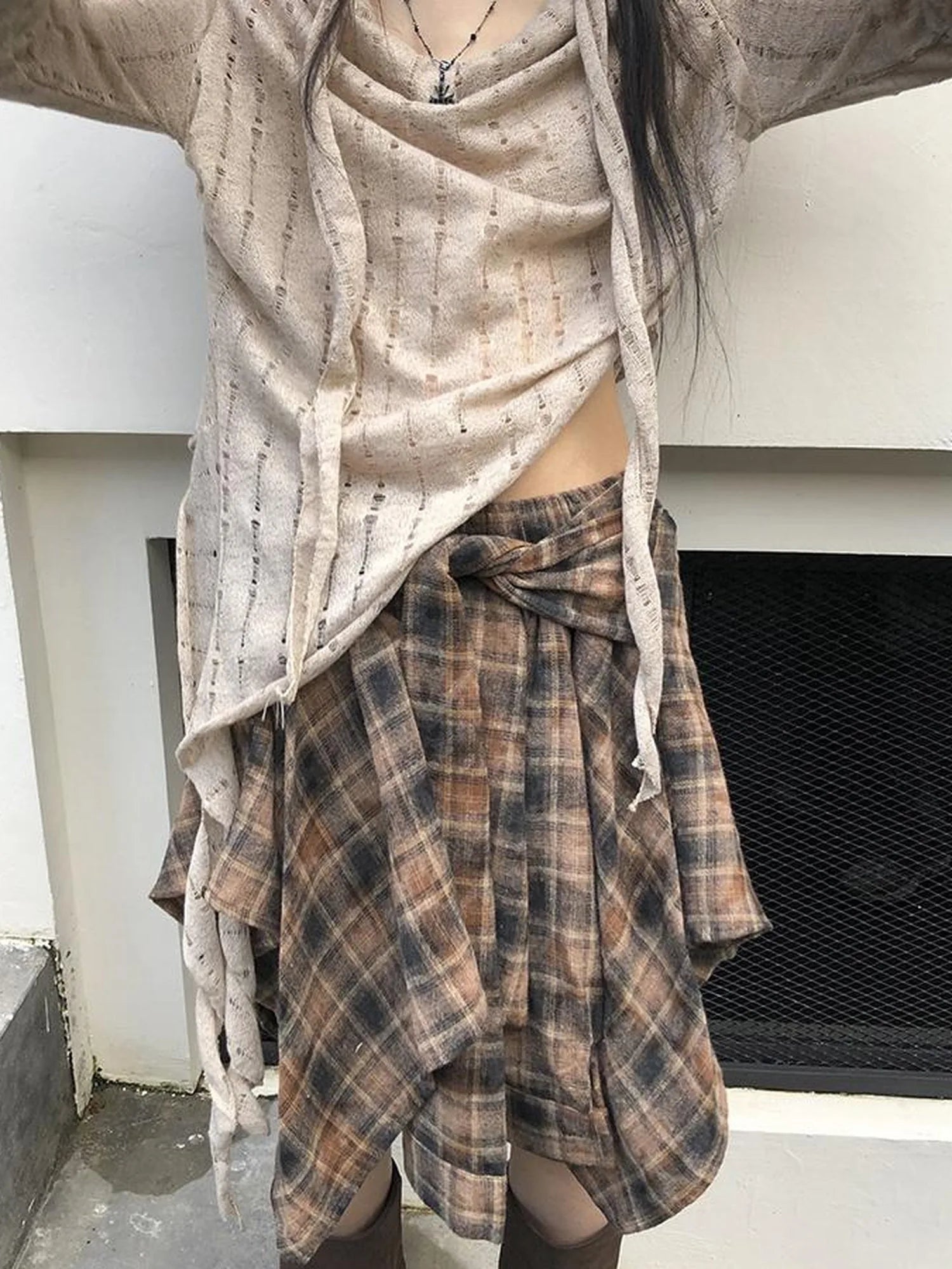 Vintage Plaid Wrap Mini Skirt High Waist Adjustable Waistband