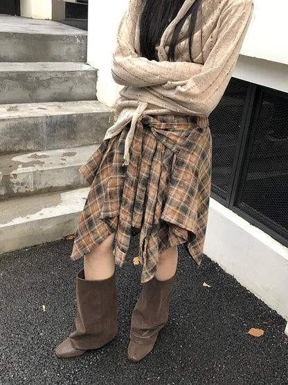 Vintage Plaid Wrap Mini Skirt High Waist Adjustable Waistband