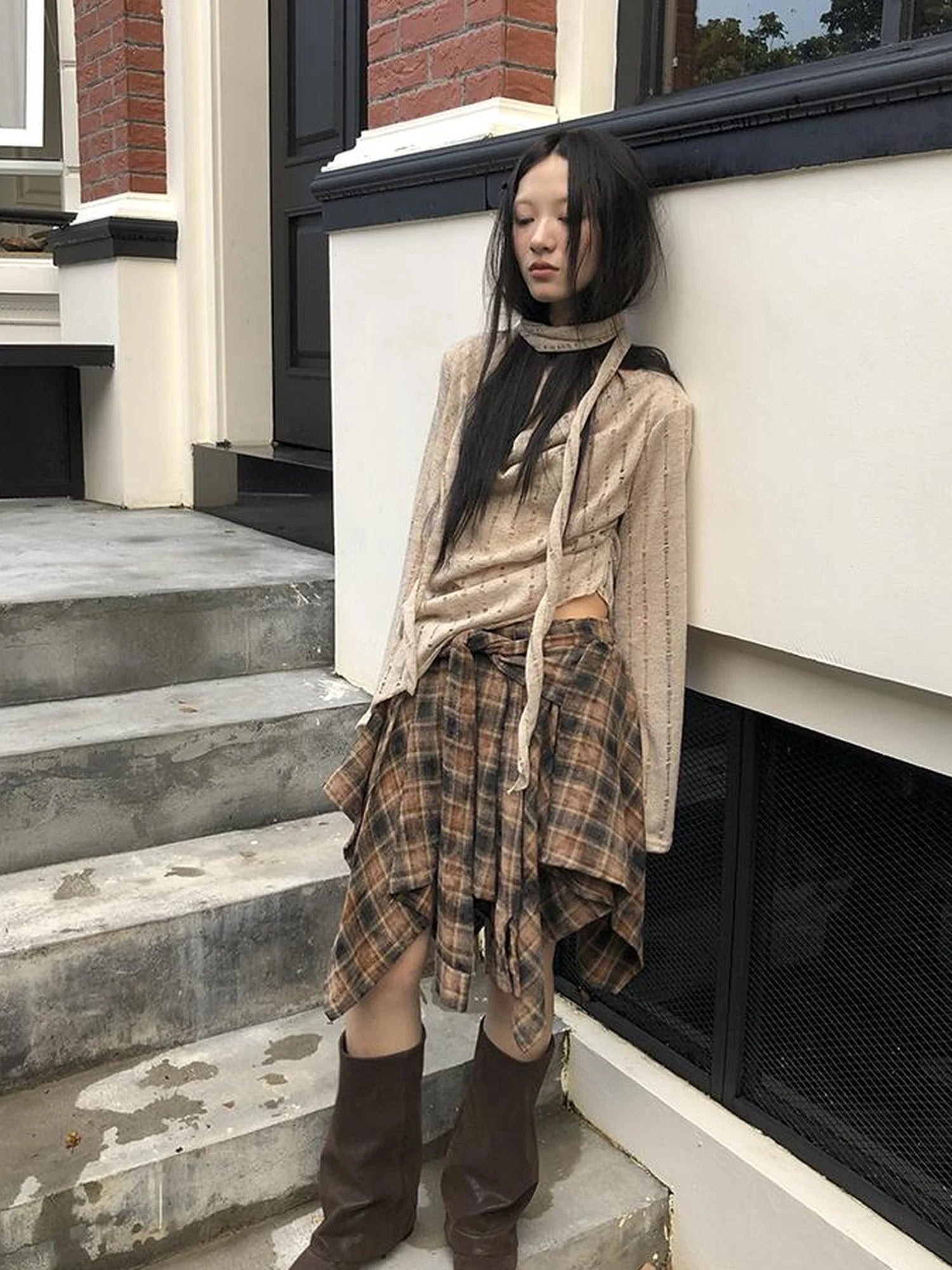 Vintage Plaid Wrap Mini Skirt High Waist Adjustable Waistband