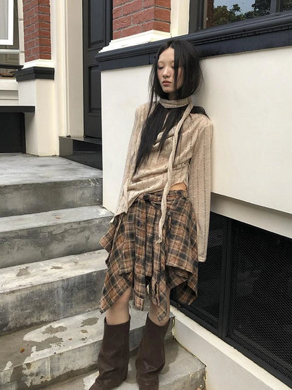 Vintage Plaid Wrap Mini Skirt High Waist Adjustable Waistband