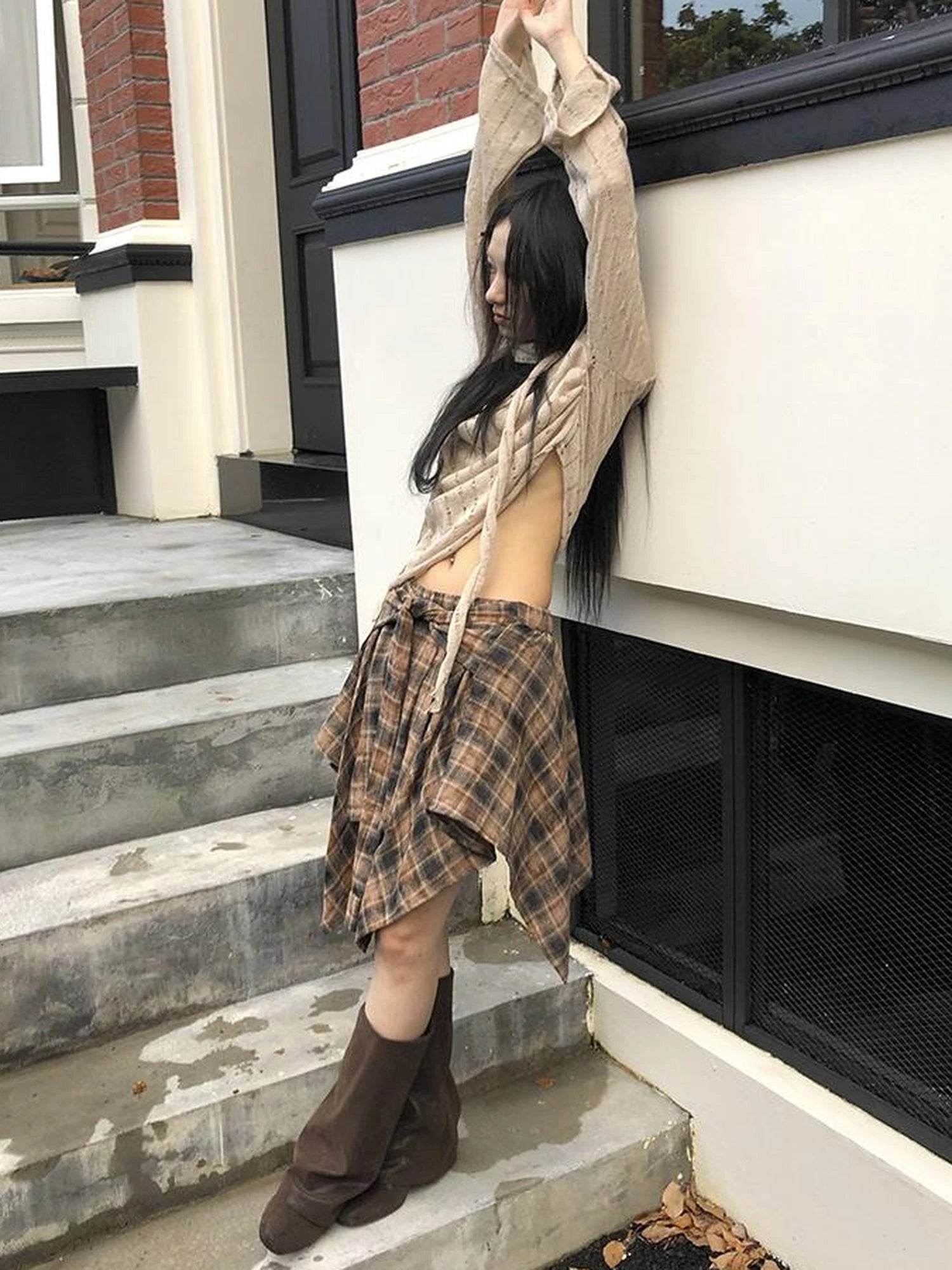 Vintage Plaid Wrap Mini Skirt High Waist Adjustable Waistband