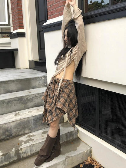 Vintage Plaid Wrap Mini Skirt High Waist Adjustable Waistband