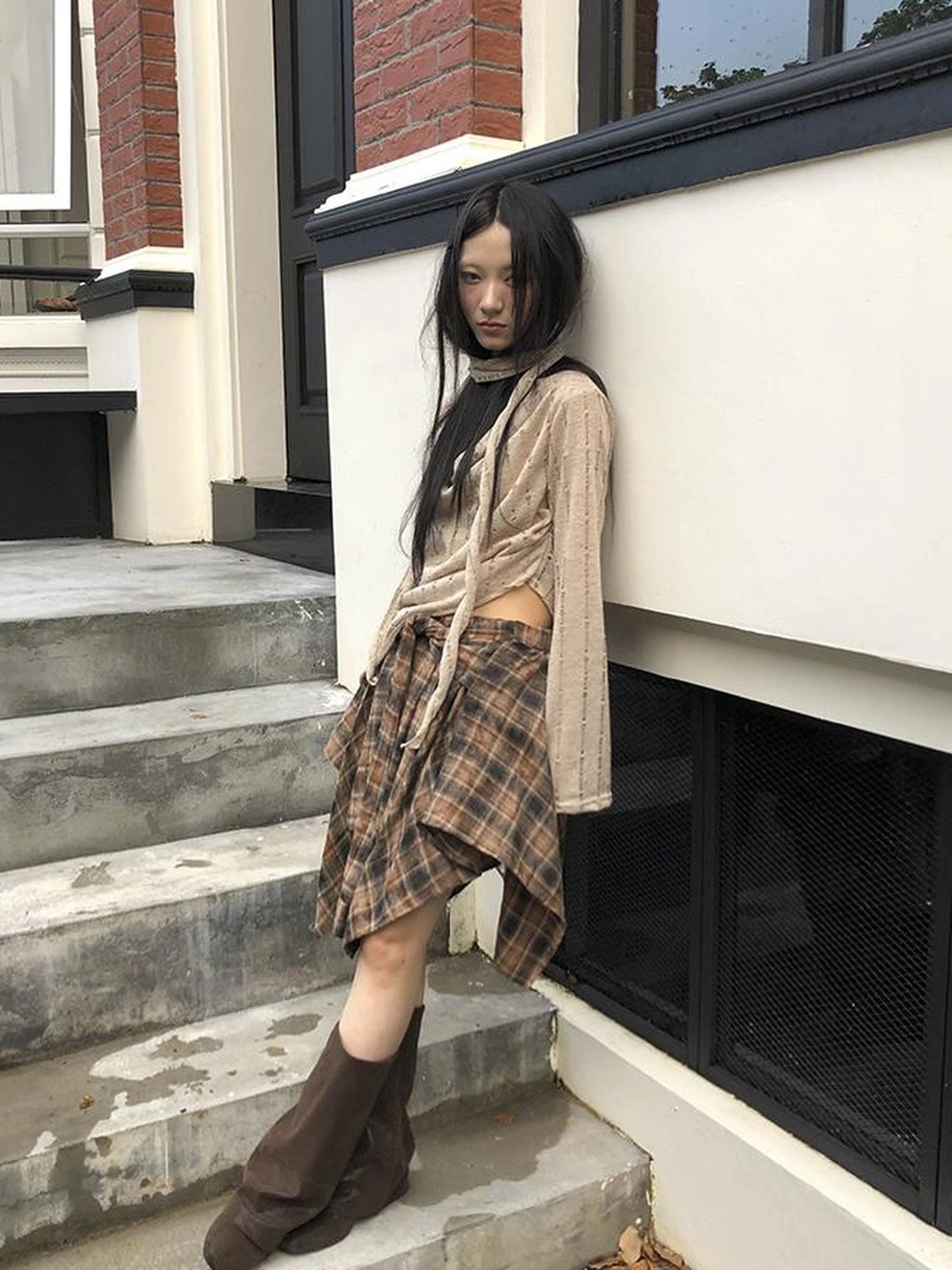 Vintage Plaid Wrap Mini Skirt High Waist Adjustable Waistband