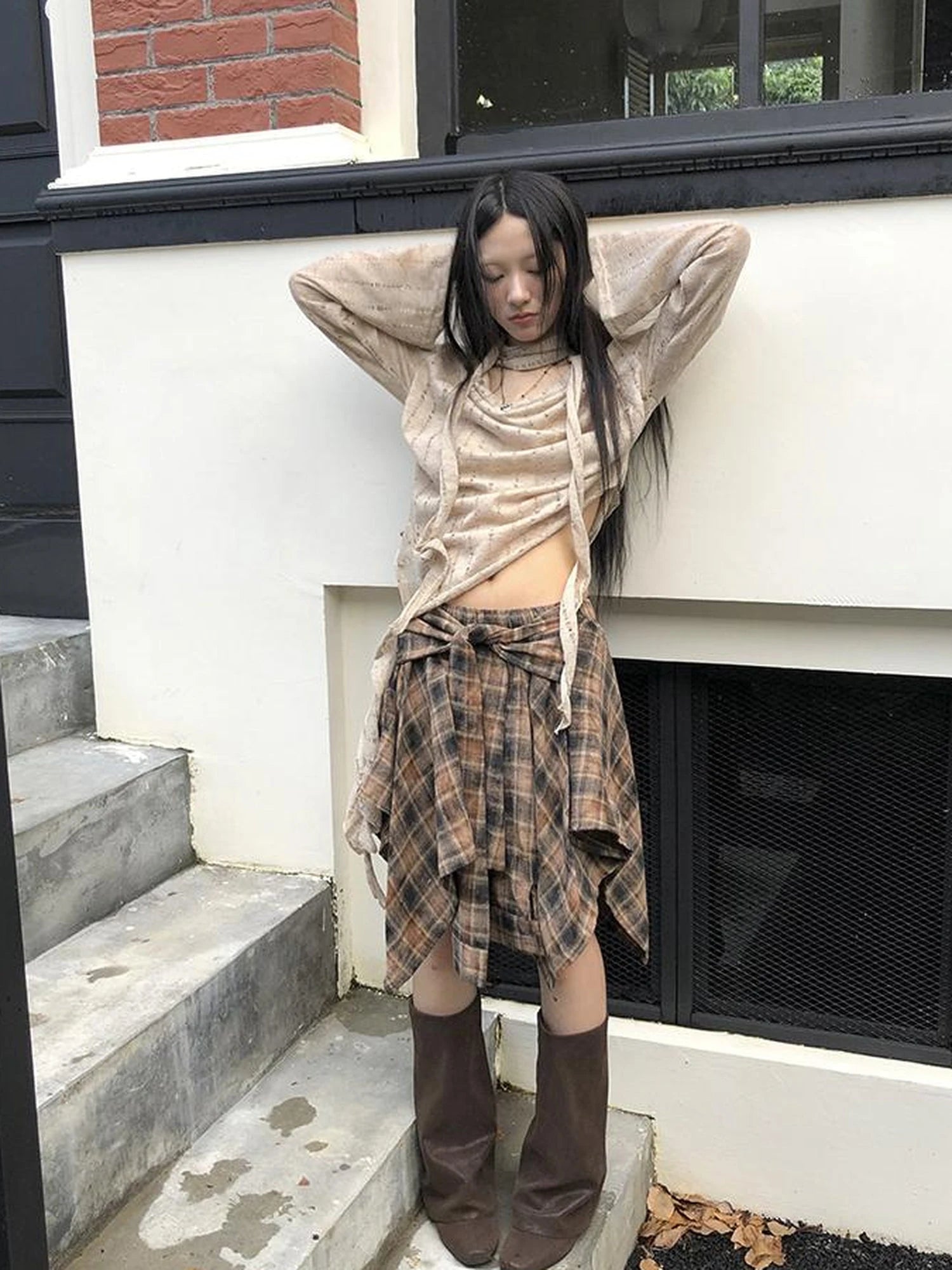 Vintage Plaid Wrap Mini Skirt High Waist Adjustable Waistband