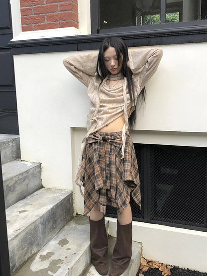 Vintage Plaid Wrap Mini Skirt High Waist Adjustable Waistband