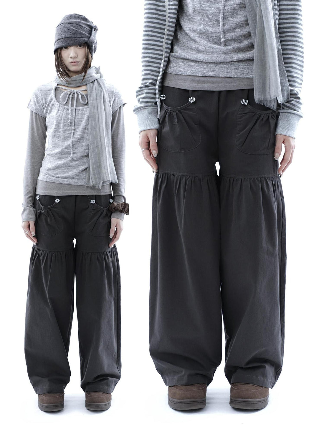 ang project Vintage Pleated Button Elastic Waist Women&