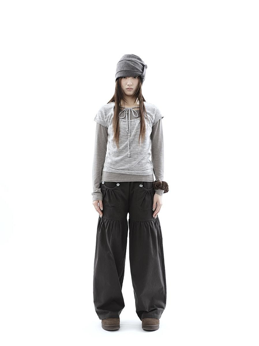 ang project Vintage Pleated Button Elastic Waist Women&