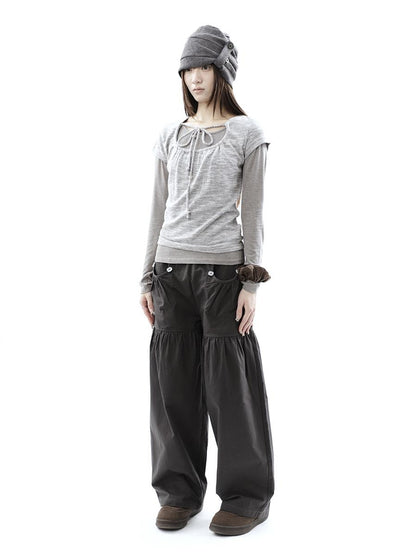 ang project Vintage Pleated Button Elastic Waist Women&