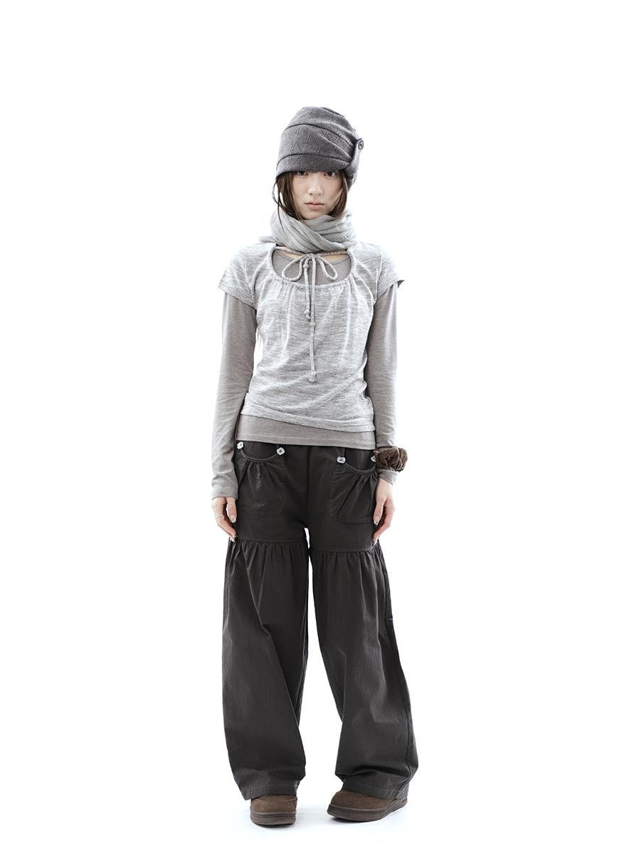 ang project Vintage Pleated Button Elastic Waist Women&