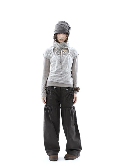 ang project Vintage Pleated Button Elastic Waist Women&