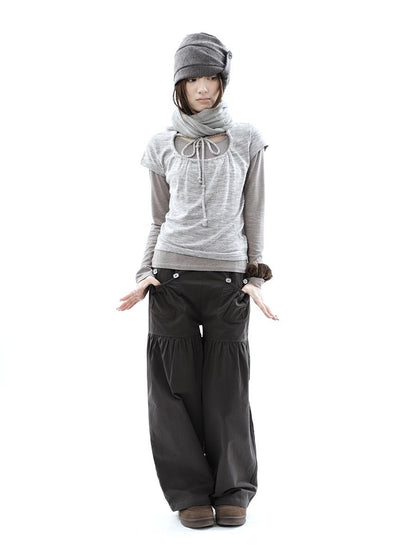 ang project Vintage Pleated Button Elastic Waist Women&