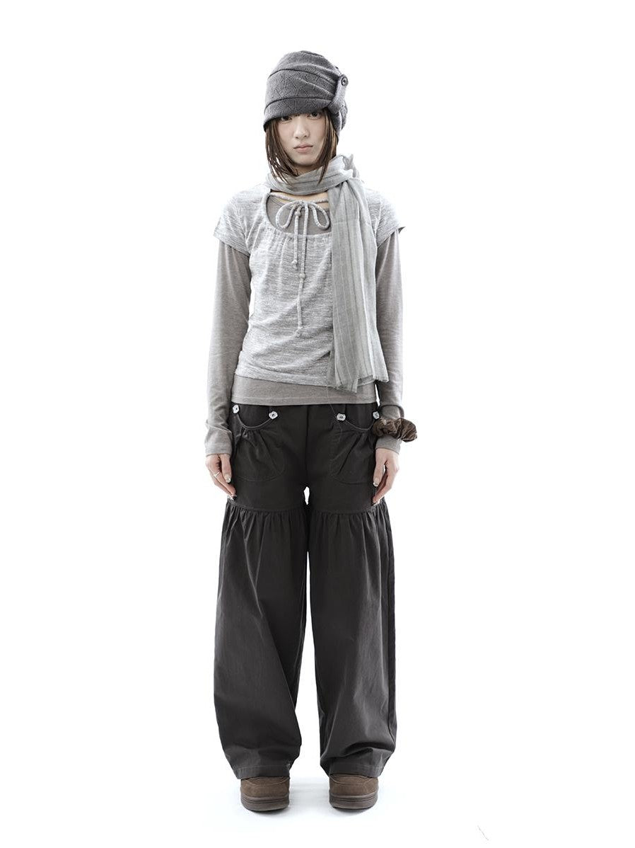ang project Vintage Pleated Button Elastic Waist Women&