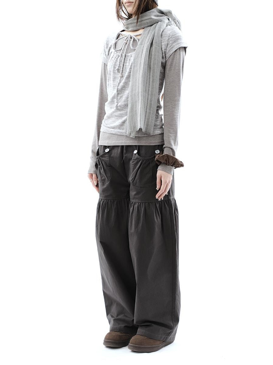 ang project Vintage Pleated Button Elastic Waist Women&