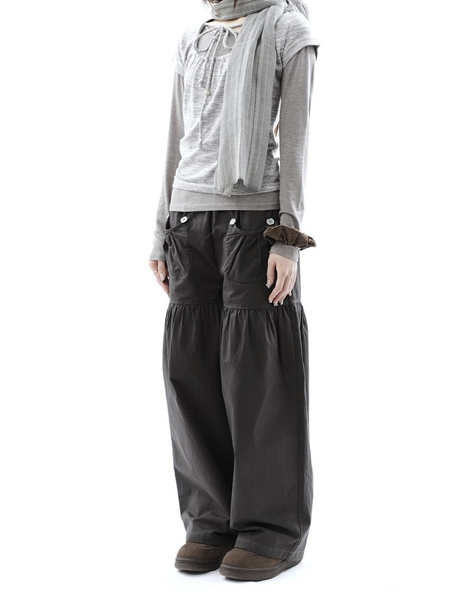 ang project Vintage Pleated Button Elastic Waist Women&