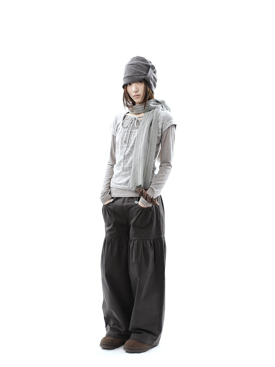ang project Vintage Pleated Button Elastic Waist Women&