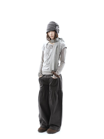 ang project Vintage Pleated Button Elastic Waist Women&