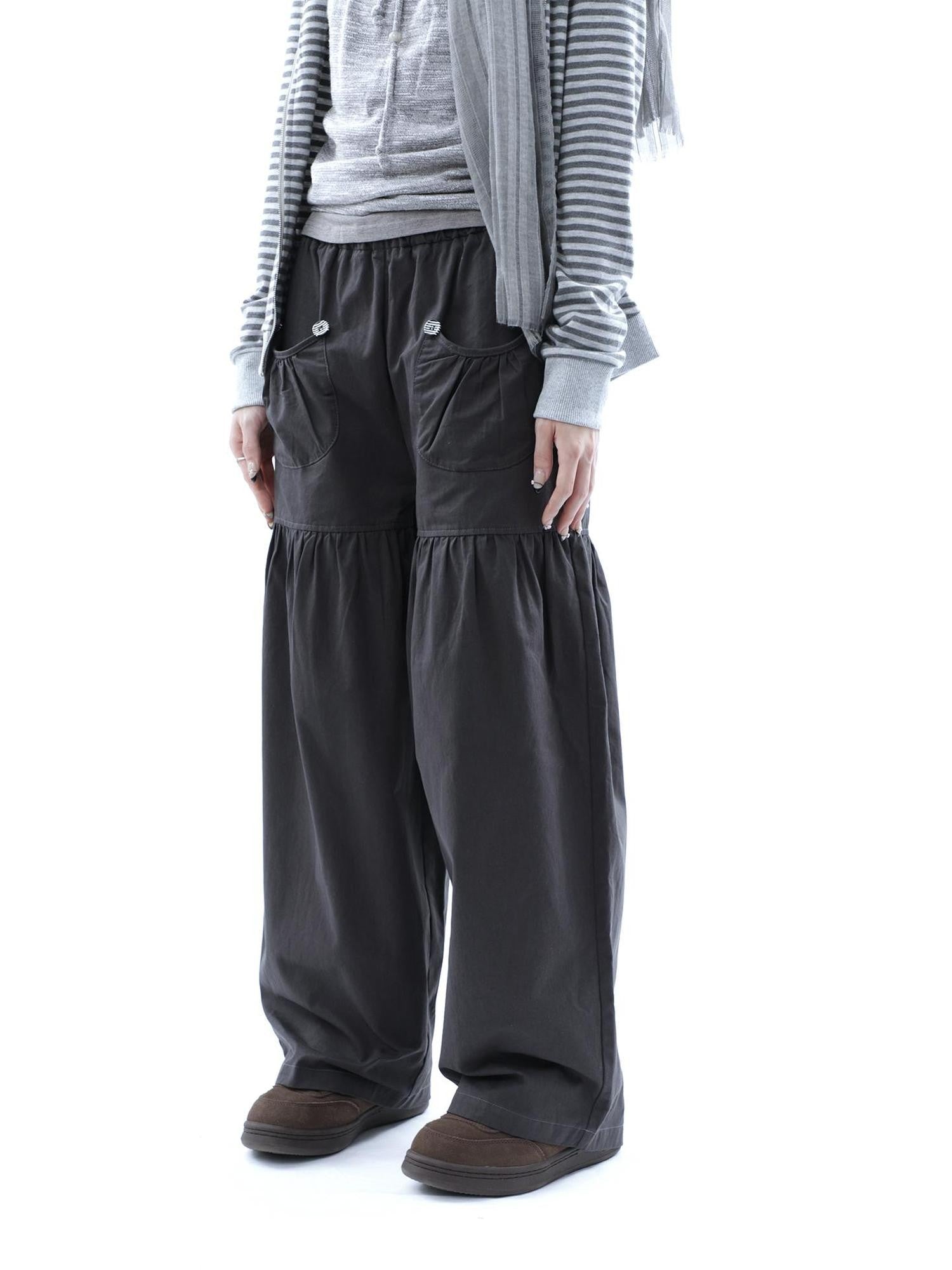 ang project Vintage Pleated Button Elastic Waist Women&