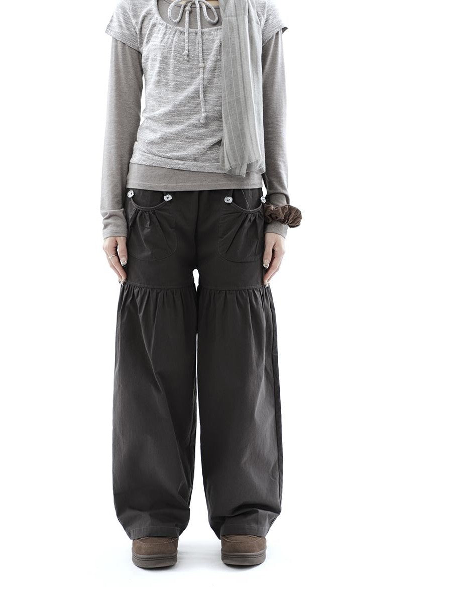 ang project Vintage Pleated Button Elastic Waist Women&