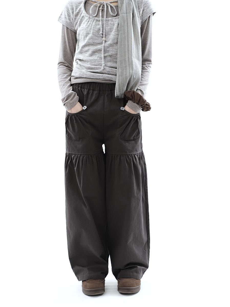 ang project Vintage Pleated Button Elastic Waist Women&