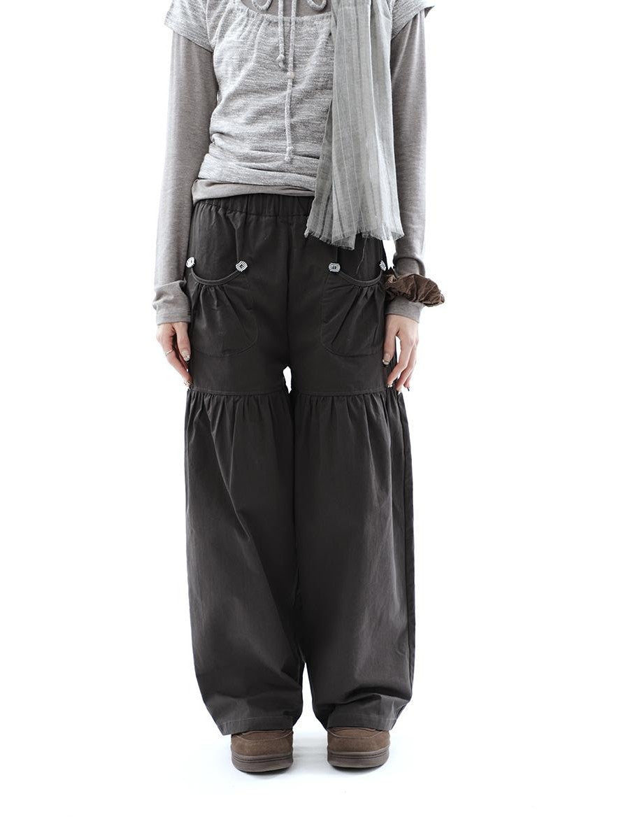 ang project Vintage Pleated Button Elastic Waist Women&