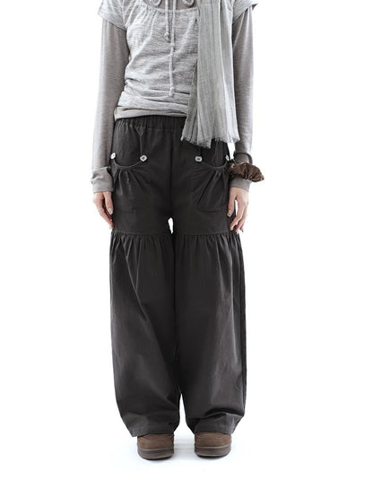 ang project Vintage Pleated Button Elastic Waist Women&