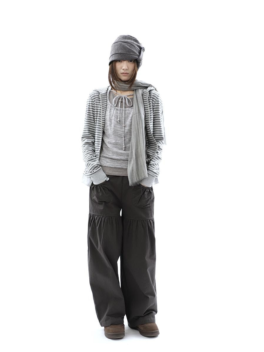 ang project Vintage Pleated Button Elastic Waist Women&