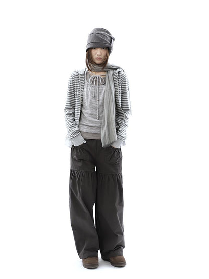 ang project Vintage Pleated Button Elastic Waist Women&