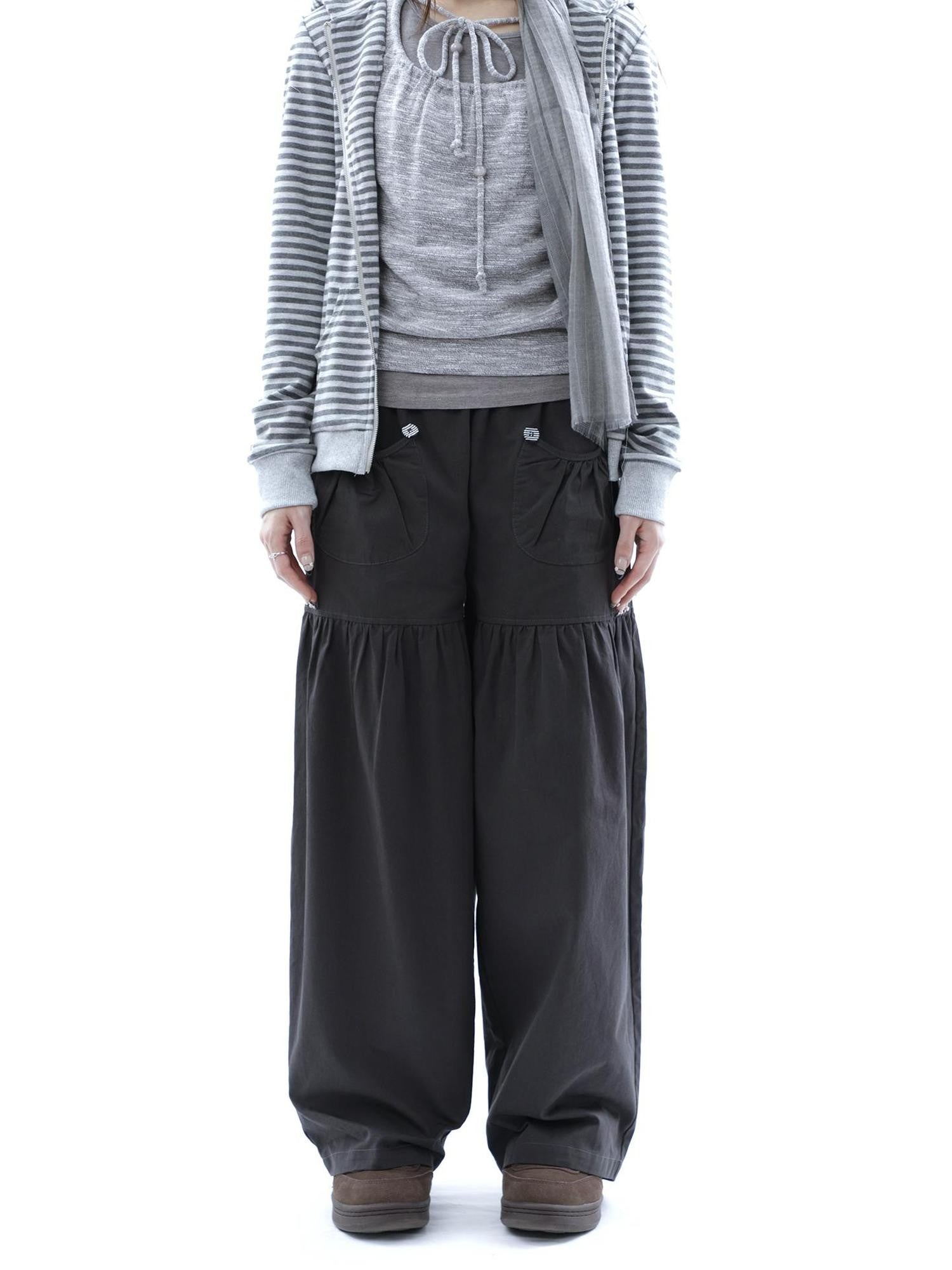 ang project Vintage Pleated Button Elastic Waist Women&