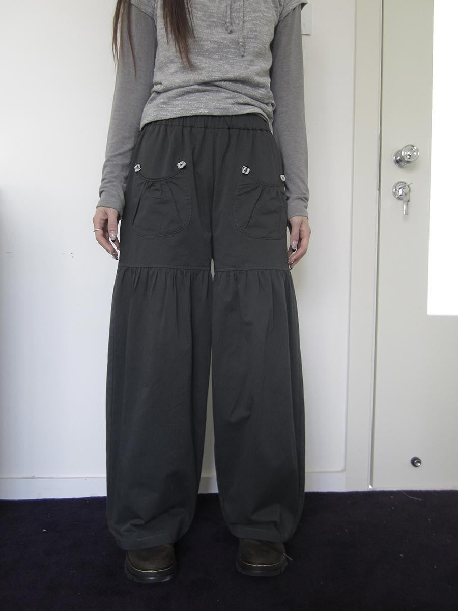 ang project Vintage Pleated Button Elastic Waist Women&