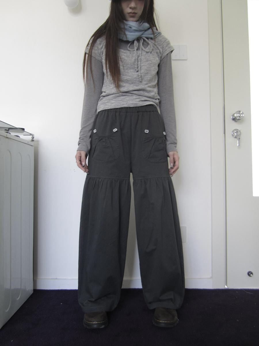 ang project Vintage Pleated Button Elastic Waist Women&