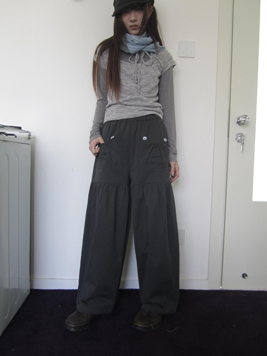 ang project Vintage Pleated Button Elastic Waist Women&