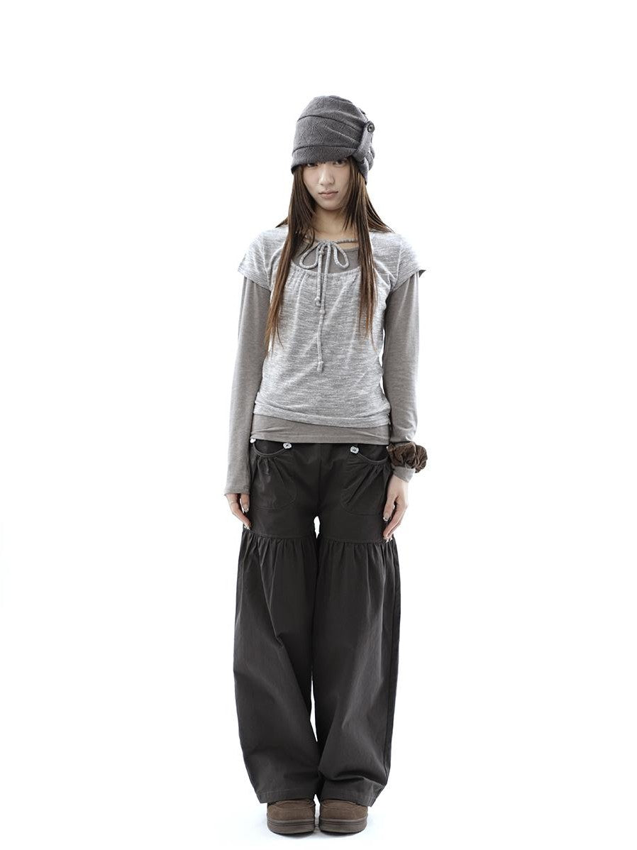 ang project Vintage Pleated Button Elastic Waist Women&
