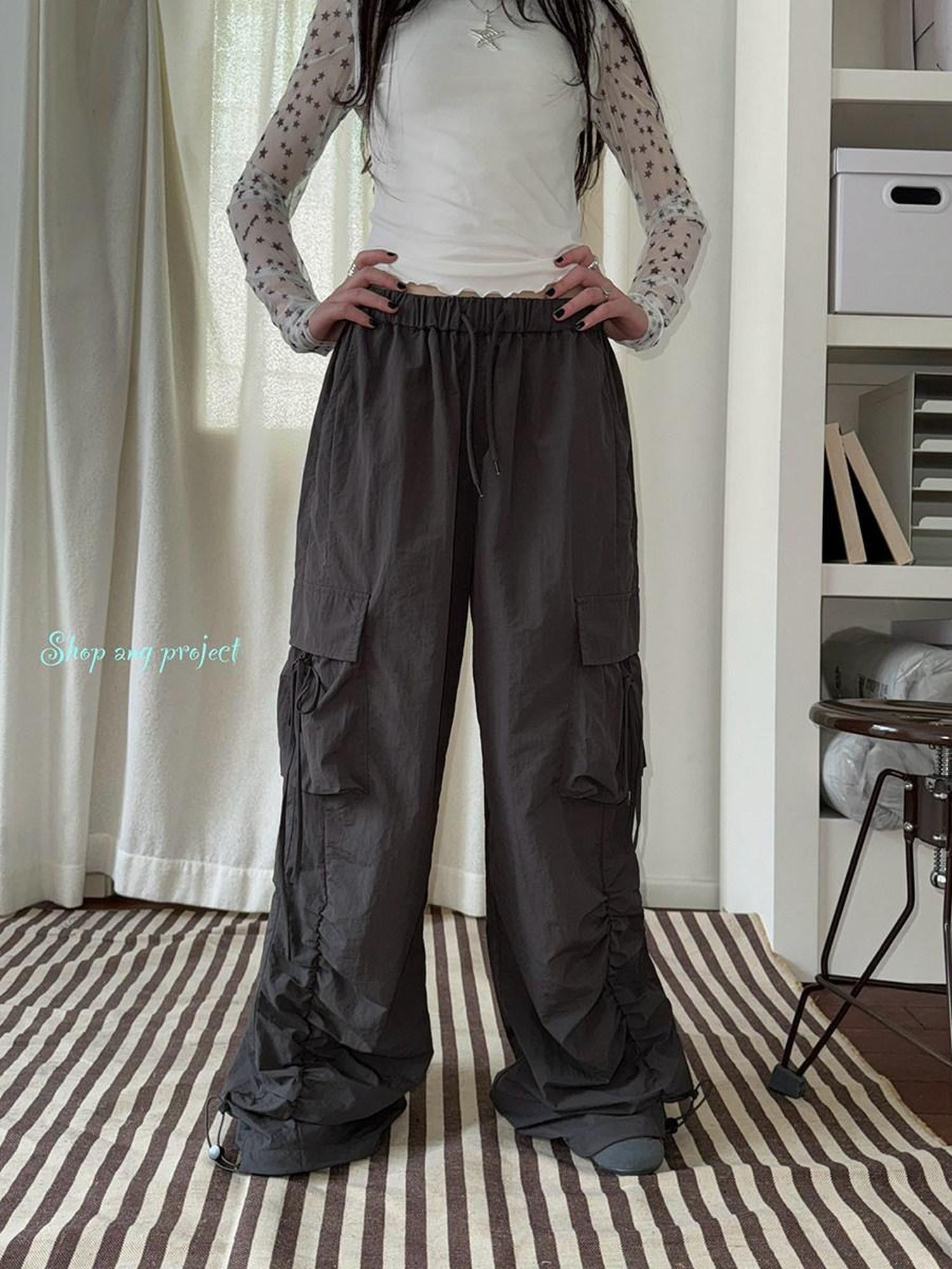 ang project Vintage Pleated Drawstring Cargo Tie Waist Women&