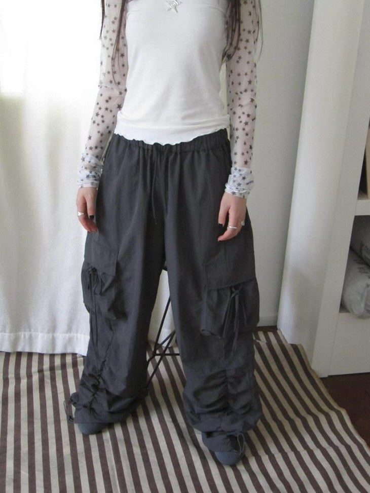 ang project Vintage Pleated Drawstring Cargo Tie Waist Women&