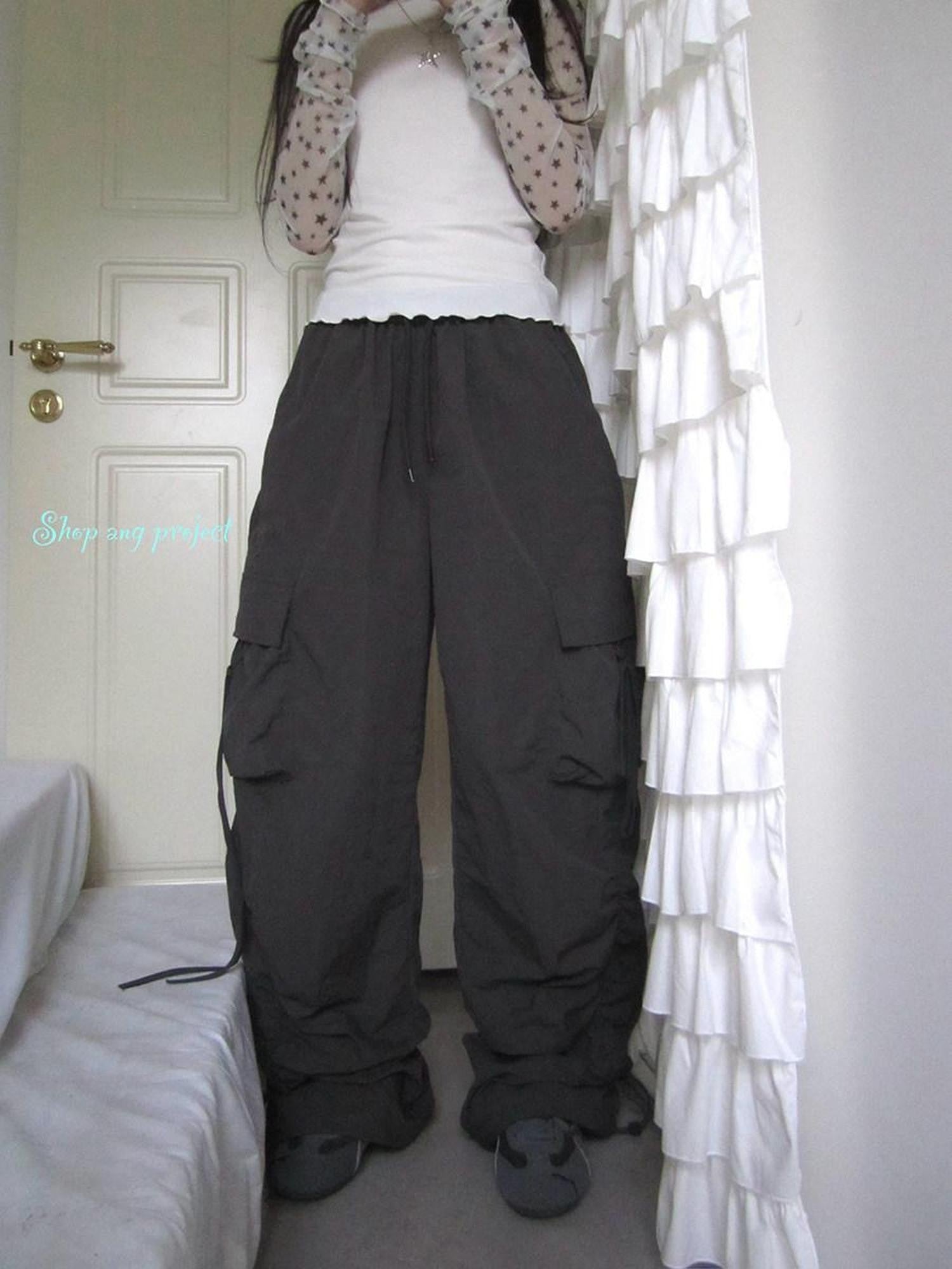 ang project Vintage Pleated Drawstring Cargo Tie Waist Women&