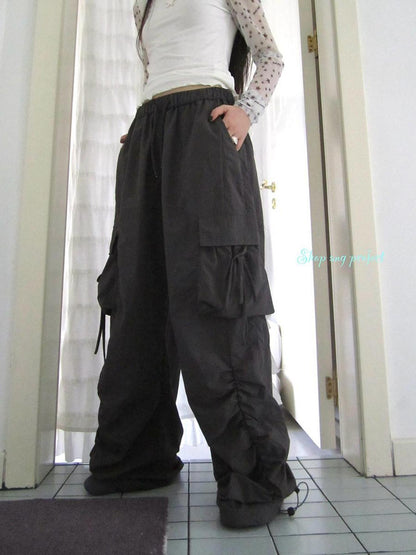 ang project Vintage Pleated Drawstring Cargo Tie Waist Women&