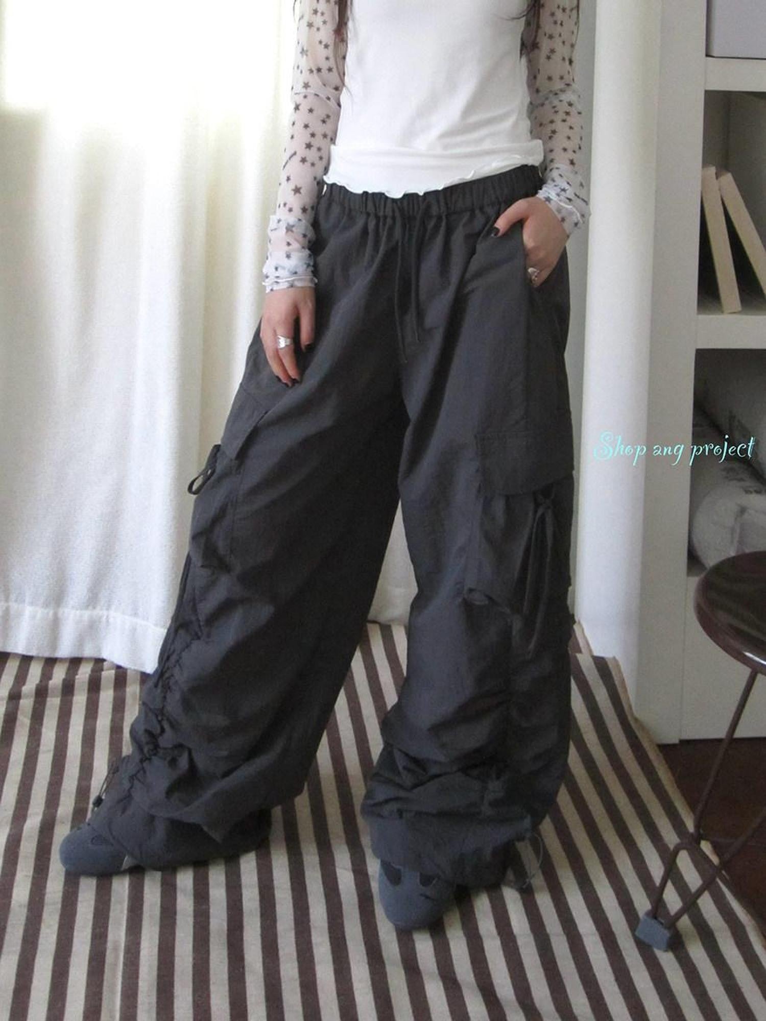 ang project Vintage Pleated Drawstring Cargo Tie Waist Women&