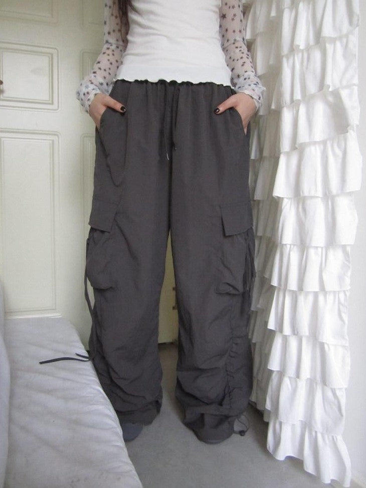 ang project Vintage Pleated Drawstring Cargo Tie Waist Women&