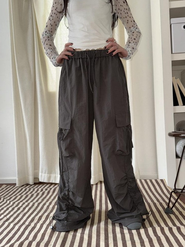 ang project Vintage Pleated Drawstring Cargo Tie Waist Women&