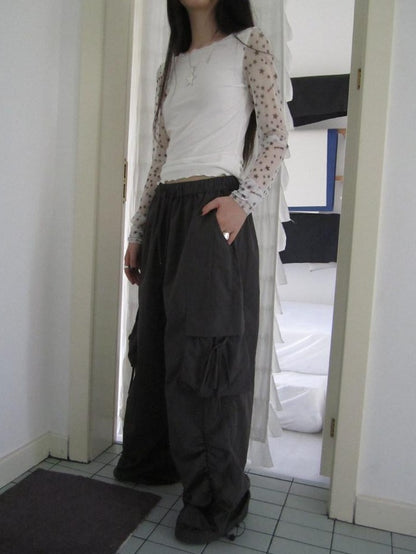ang project Vintage Pleated Drawstring Cargo Tie Waist Women&