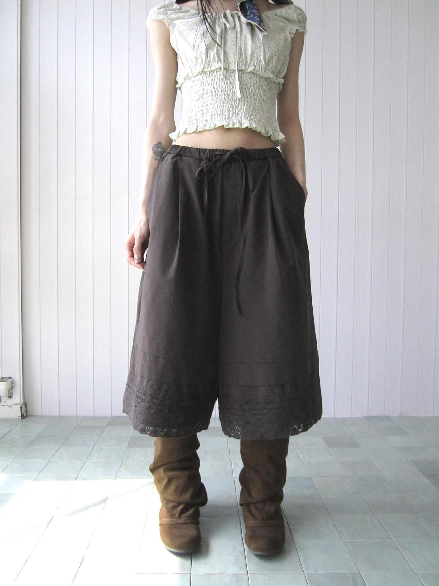 ang project Vintage Pleated Lace Elastic Waist Women&