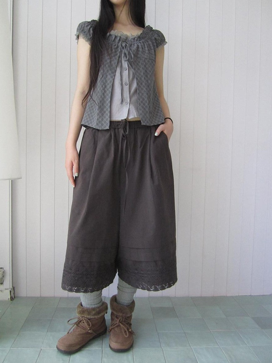 ang project Vintage Pleated Lace Elastic Waist Women&