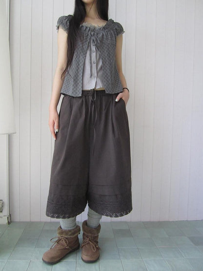 ang project Vintage Pleated Lace Elastic Waist Women&
