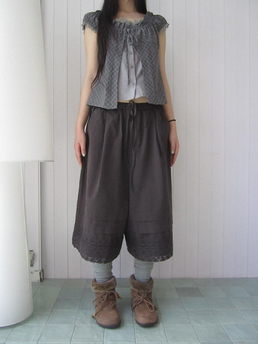 ang project Vintage Pleated Lace Elastic Waist Women&