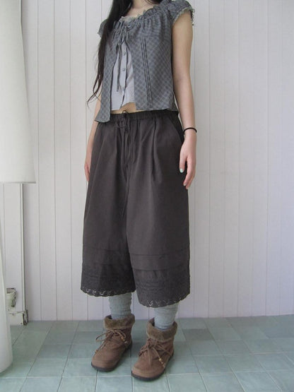 ang project Vintage Pleated Lace Elastic Waist Women&