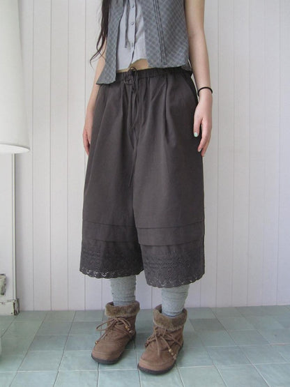 ang project Vintage Pleated Lace Elastic Waist Women&