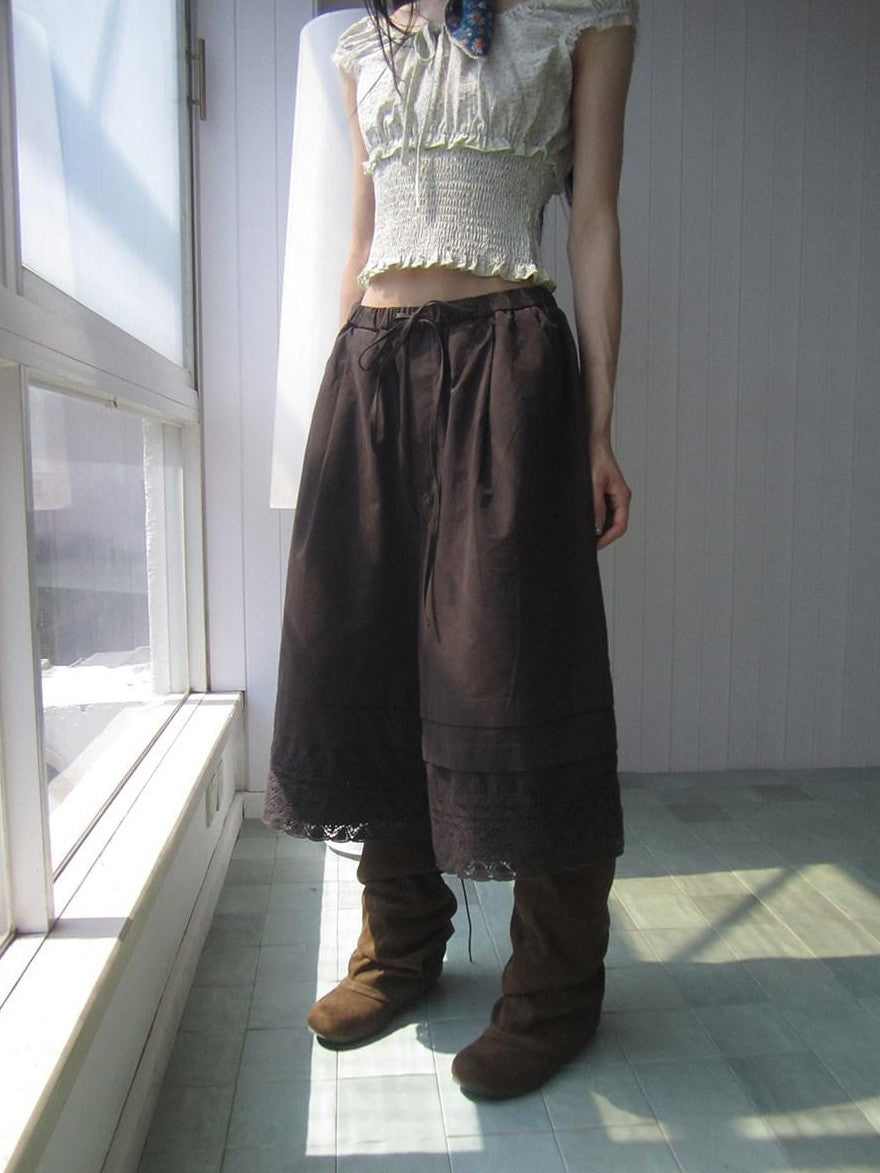 ang project Vintage Pleated Lace Elastic Waist Women&