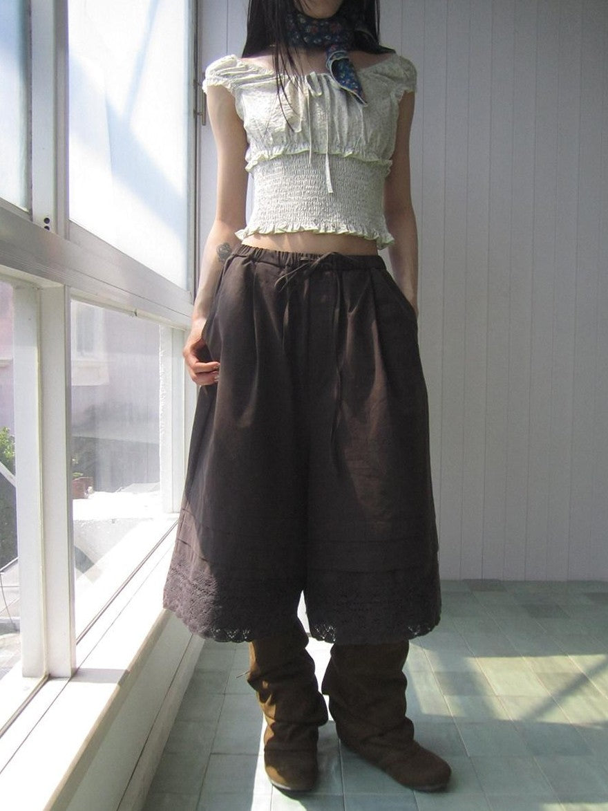 ang project Vintage Pleated Lace Elastic Waist Women&