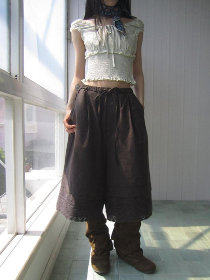 ang project Vintage Pleated Lace Elastic Waist Women&