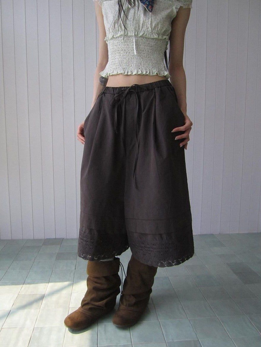ang project Vintage Pleated Lace Elastic Waist Women&